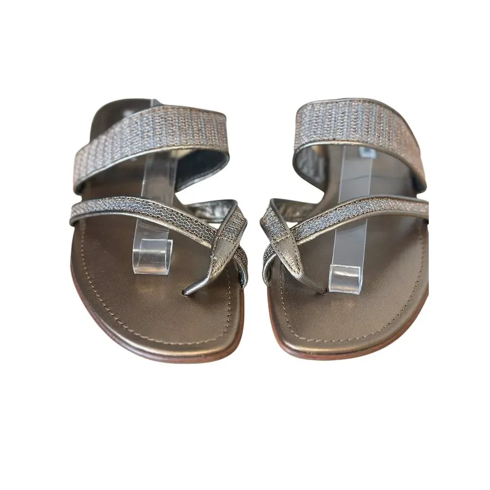 Manolo Blahnik Metallic Bronze Leather Mesh Toe Ring Flat Sandals Size 36